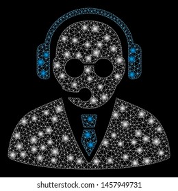 Glossy mesh support manager with glow effect. Abstract illuminated model of support manager icon. Shiny wire frame triangular network support manager. Vector abstraction on a black background.