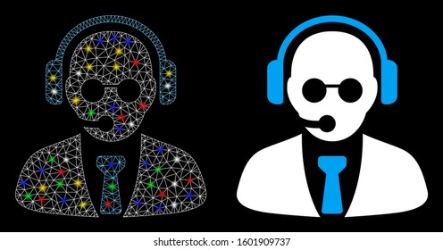 Glossy mesh support manager icon with glare effect. Abstract illuminated model of support manager. Shiny wire frame triangular mesh support manager icon. Vector abstraction on a black background.