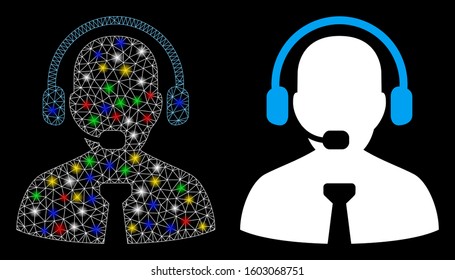 Glossy mesh support manager icon with glitter effect. Abstract illuminated model of support manager. Shiny wire frame triangular network support manager icon. Vector abstraction on a black background.