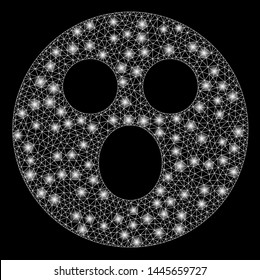 Glossy mesh surprized smiley with lightspot effect. Abstract illuminated model of surprized smiley icon. Shiny wire carcass triangular mesh surprized smiley. Vector abstraction on a black background.