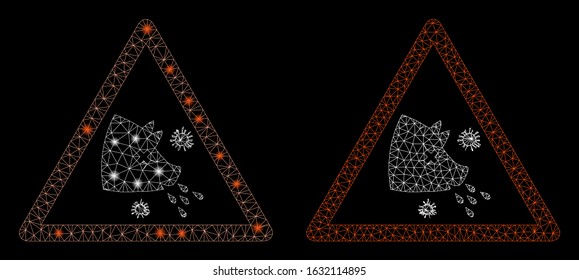 Glossy mesh swine flu warning with glitter effect. Abstract illuminated model of swine flu warning icon. Shiny wire frame triangular mesh swine flu warning icon.