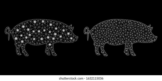 Glossy Mesh Swine With Lightspot Effect. Abstract Illuminated Model Of Swine Icon. Shiny Wire Frame Triangular Mesh Swine Icon. Vector Abstraction On A Black Background.