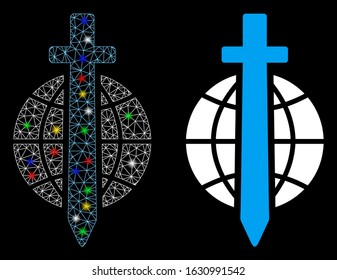 Glossy mesh sword globe icon with lightspot effect. Abstract illuminated model of sword globe. Shiny wire frame triangular mesh sword globe icon. Vector abstraction on a black background.
