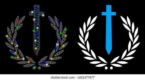 Glossy mesh sword honor embleme icon with glitter effect. Abstract illuminated model of sword honor embleme. Shiny wire frame polygonal mesh sword honor embleme icon.