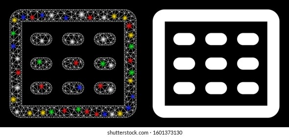 Glossy mesh table grid icon with lightspot effect. Abstract illuminated model of table grid. Shiny wire carcass triangular mesh table grid icon. Vector abstraction on a black background.