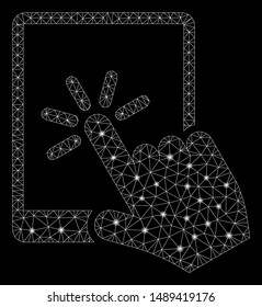 Glossy mesh tablet click with glare effect. Abstract illuminated model of tablet click icon. Shiny wire carcass polygonal mesh tablet click. Vector abstraction on a black background.