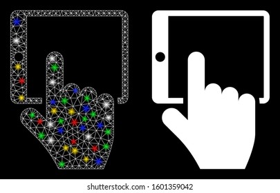 Glossy mesh tablet point icon with sparkle effect. Abstract illuminated model of tablet point. Shiny wire frame polygonal mesh tablet point icon. Vector abstraction on a black background.