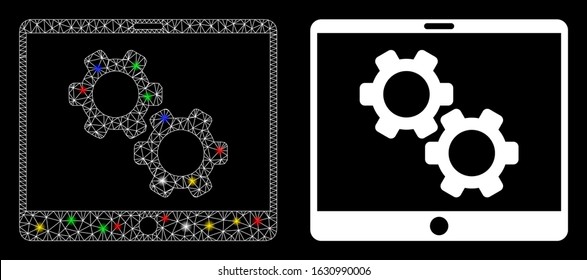 Glossy mesh tablet settings gears icon with glow effect. Abstract illuminated model of tablet settings gears. Shiny wire frame triangular mesh tablet settings gears icon.