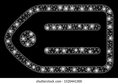 Glossy mesh tag with glare effect. Abstract illuminated model of tag icon. Shiny wire frame polygonal mesh tag. Vector abstraction on a black background. Abstract 2d mesh designed with triangles,