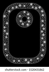 Glossy mesh tag with sparkle effect. Abstract illuminated model of tag icon. Shiny wire frame triangular mesh tag. Vector abstraction on a black background.