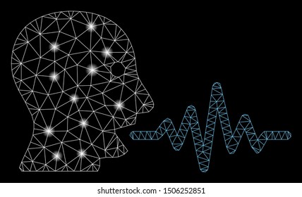 Glossy mesh talking user signal with lightspot effect. Abstract illuminated model of talking user signal icon. Shiny wire carcass triangular mesh talking user signal.
