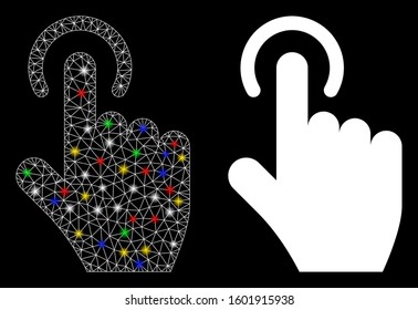 Glossy mesh tap gesture icon with glitter effect. Abstract illuminated model of tap gesture. Shiny wire carcass triangular mesh tap gesture icon. Vector abstraction on a black background.