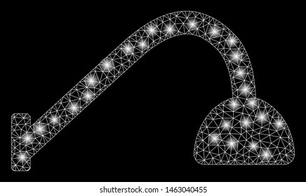 Glossy mesh tap mixer with sparkle effect. Abstract illuminated model of tap mixer icon. Shiny wire frame polygonal mesh tap mixer. Vector abstraction on a black background.