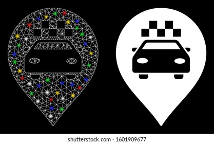 Glossy mesh taxi car marker icon with lightspot effect. Abstract illuminated model of taxi car marker. Shiny wire frame triangular mesh taxi car marker icon. Vector abstraction on a black background.