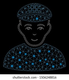 Glossy mesh taxi driver with glitter effect. Abstract illuminated model of taxi driver icon. Shiny wire frame polygonal network taxi driver. Vector abstraction on a black background.
