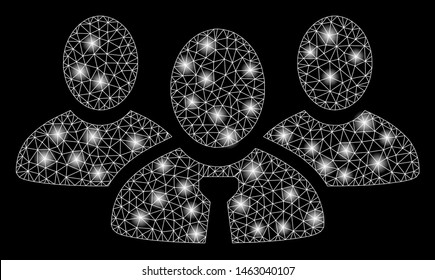 Glossy mesh team manager with lightspot effect. Abstract illuminated model of team manager icon. Shiny wire frame triangular mesh team manager. Vector abstraction on a black background.