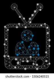 Glossy mesh television with sparkle effect. Abstract illuminated model of television icon. Shiny wire carcass polygonal mesh television. Vector abstraction on a black background.