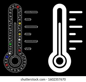 Glossy mesh temperature icon with glow effect. Abstract illuminated model of temperature. Shiny wire carcass polygonal network temperature icon. Vector abstraction on a black background.
