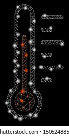 Glossy mesh temperature level with glare effect. Abstract illuminated model of temperature level icon. Shiny wire carcass polygonal mesh temperature level. Vector abstraction on a black background.