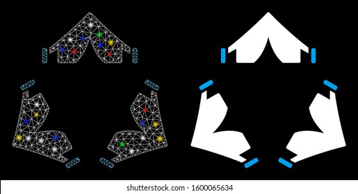 Glossy mesh tent camp icon with glow effect. Abstract illuminated model of tent camp. Shiny wire carcass polygonal network tent camp icon. Vector abstraction on a black background.