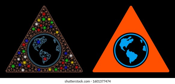 Glossy mesh terra triangle icon with glare effect. Abstract illuminated model of terra triangle. Shiny wire frame polygonal mesh terra triangle icon. Vector abstraction on a black background.