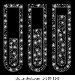 Glossy mesh test tubes with lightspot effect. Abstract illuminated model of test tubes icon. Shiny wire frame triangular mesh test tubes. Vector abstraction on a black background.