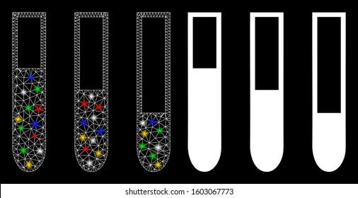 Glossy mesh test-tubes icon with sparkle effect. Abstract illuminated model of test-tubes. Shiny wire carcass polygonal network test-tubes icon. Vector abstraction on a black background.