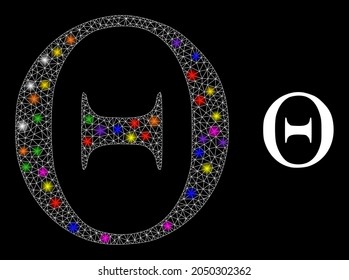Glossy mesh Tetta Greek letter glare icon with light spots. Illuminated vector model based on Tetta Greek letter icon. Sparkle carcass polygonal Tetta Greek letter on a black background.