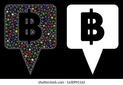 Glossy mesh Thai Baht map pointer icon with sparkle effect. Abstract illuminated model of Thai Baht map pointer. Shiny wire frame polygonal mesh Thai Baht map pointer icon.