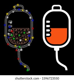 Glossy mesh therapy dropper icon with glow effect. Abstract illuminated model of therapy dropper. Shiny wire frame polygonal mesh therapy dropper icon. Vector abstraction on a black background.