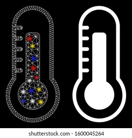 Glossy mesh thermometer icon with lightspot effect. Abstract illuminated model of thermometer. Shiny wire carcass polygonal mesh thermometer icon. Vector abstraction on a black background.
