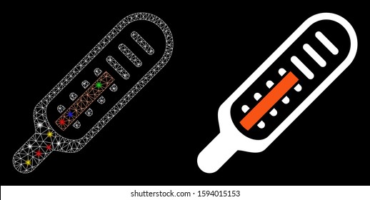 Glossy mesh thermometer icon with sparkle effect. Abstract illuminated model of thermometer. Shiny wire frame triangular mesh thermometer icon. Vector abstraction on a black background.