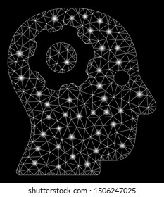 Glossy mesh thinking gear with sparkle effect. Abstract illuminated model of thinking gear icon. Shiny wire carcass polygonal mesh thinking gear. Vector abstraction on a black background.