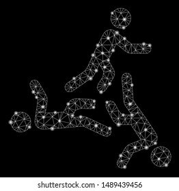 Glossy mesh three moving men with sparkle effect. Abstract illuminated model of three moving men icon. Shiny wire frame polygonal mesh three moving men. Vector abstraction on a black background.