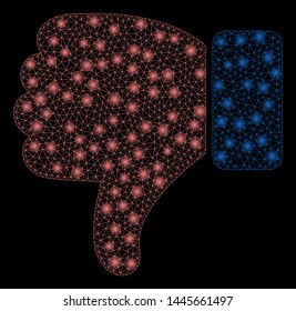 Glossy mesh thumb down with glare effect. Abstract illuminated model of thumb down icon. Shiny wire carcass triangular mesh thumb down. Vector abstraction on a black background.