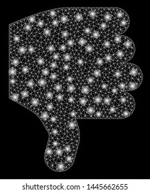 Glossy mesh thumb down with glare effect. Abstract illuminated model of thumb down icon. Shiny wire carcass polygonal mesh thumb down. Vector abstraction on a black background.