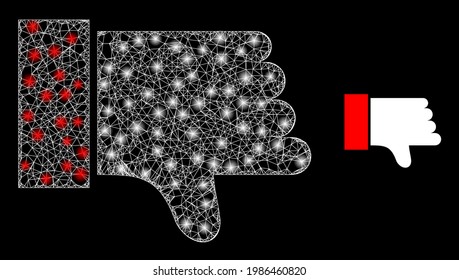 Glossy mesh thumb down with glowing spots. Linear carcass flat network generated with crossed white lines and thumb down icon. White mesh and sparkle carcass mesh thumb down on a black background.