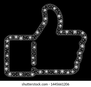 Glossy mesh thumb up with glare effect. Abstract illuminated model of thumb up icon. Shiny wire carcass polygonal mesh thumb up. Vector abstraction on a black background.
