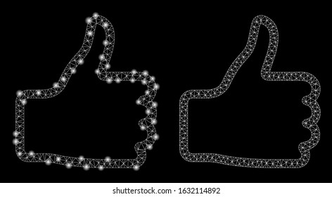 Glossy mesh thumb up with glare effect. Abstract illuminated model of thumb up icon. Shiny wire frame polygonal mesh thumb up icon. Vector abstraction on a black background.