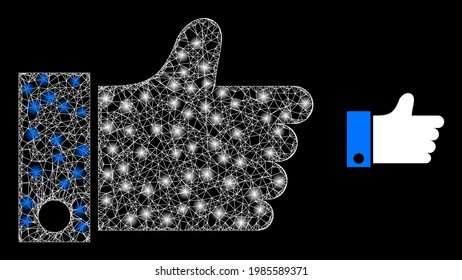 Pulgar de malla brillante hacia arriba con manchas brillantes. Red plana de marco de cables generada con líneas blancas cruzadas e icono de aumento de pulgares. Malla blanca y pulgar de malla de marco brillante sobre un fondo negro.