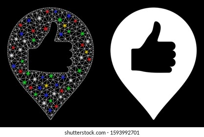 Glossy mesh thumb up map marker icon with sparkle effect. Abstract illuminated model of thumb up map marker. Shiny wire frame triangular mesh thumb up map marker icon.