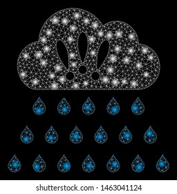 Glossy mesh thunderstorm rain cloud with glow effect. Abstract illuminated model of thunderstorm rain cloud icon. Shiny wire carcass triangular network thunderstorm rain cloud.