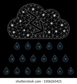Glossy mesh thunderstorm rain cloud with lightspot effect. Abstract illuminated model of thunderstorm rain cloud icon. Shiny wire carcass polygonal network thunderstorm rain cloud.