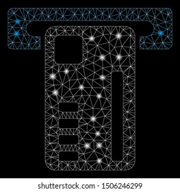 Glossy mesh ticket machine with sparkle effect. Abstract illuminated model of ticket machine icon. Shiny wire frame polygonal mesh ticket machine. Vector abstraction on a black background.