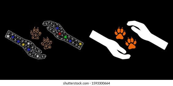 Glossy mesh tiger care hands icon with glow effect. Abstract illuminated model of tiger care hands. Shiny wire frame polygonal mesh tiger care hands icon. Vector abstraction on a black background.