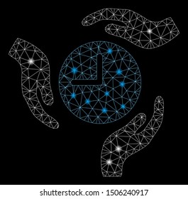 Glossy mesh time care hands with glare effect. Abstract illuminated model of time care hands icon. Shiny wire carcass polygonal mesh time care hands. Vector abstraction on a black background.
