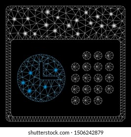 Glossy mesh time and date with lightspot effect. Abstract illuminated model of time and date icon. Shiny wire carcass triangular network time and date. Vector abstraction on a black background.