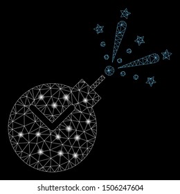 Glossy mesh time fireworks charge with glitter effect. Abstract illuminated model of time fireworks charge icon. Shiny wire carcass polygonal mesh time fireworks charge.
