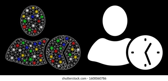 Glossy mesh time icon with sparkle effect. Abstract illuminated model of time. Shiny wire carcass polygonal mesh time icon. Vector abstraction on a black background.