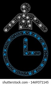 Glossy mesh time manager with glow effect. Abstract illuminated model of time manager icon. Shiny wire frame triangular network time manager. Vector abstraction on a black background.